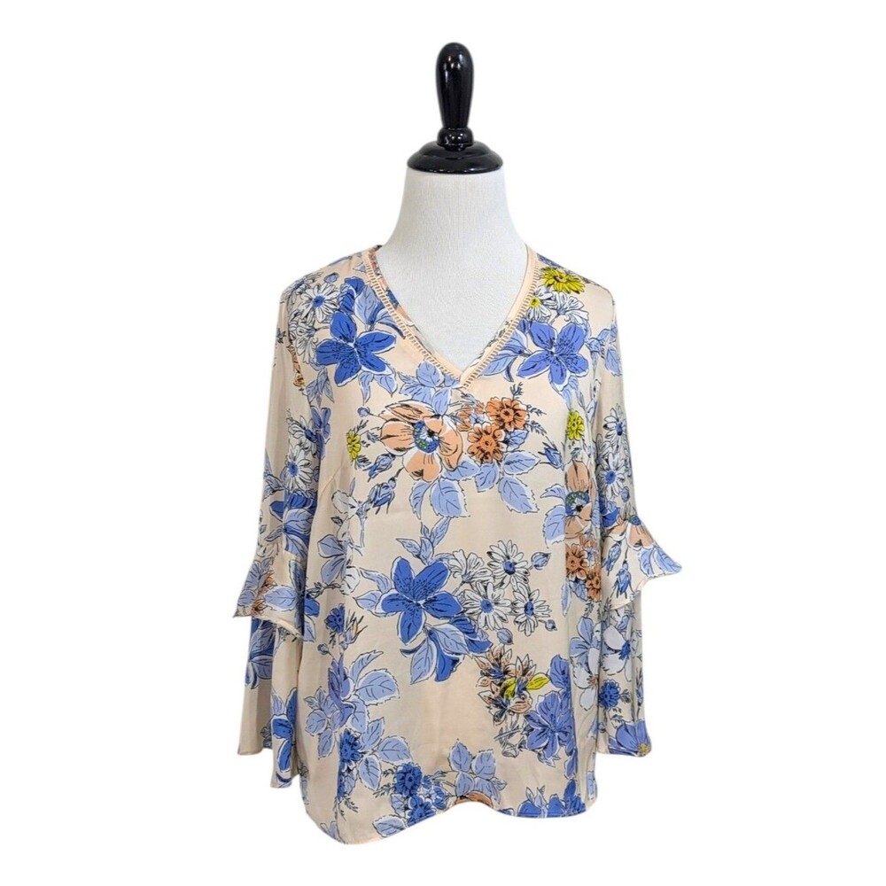 Nanette Lepore Beige & Blue Floral Bell Sleeve Blouse - Size Small Womens